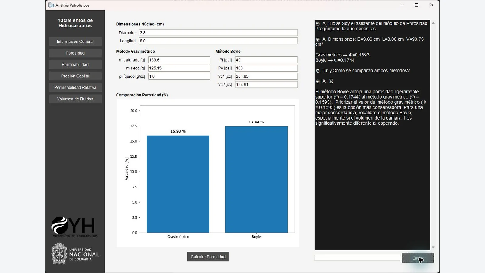 Módulo de porosidad con datos, gráfico comparativo y asistente conversacional