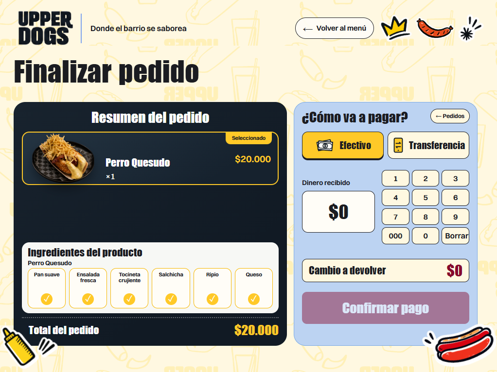 Finalización del pedido con pago en efectivo y cálculo del cambio