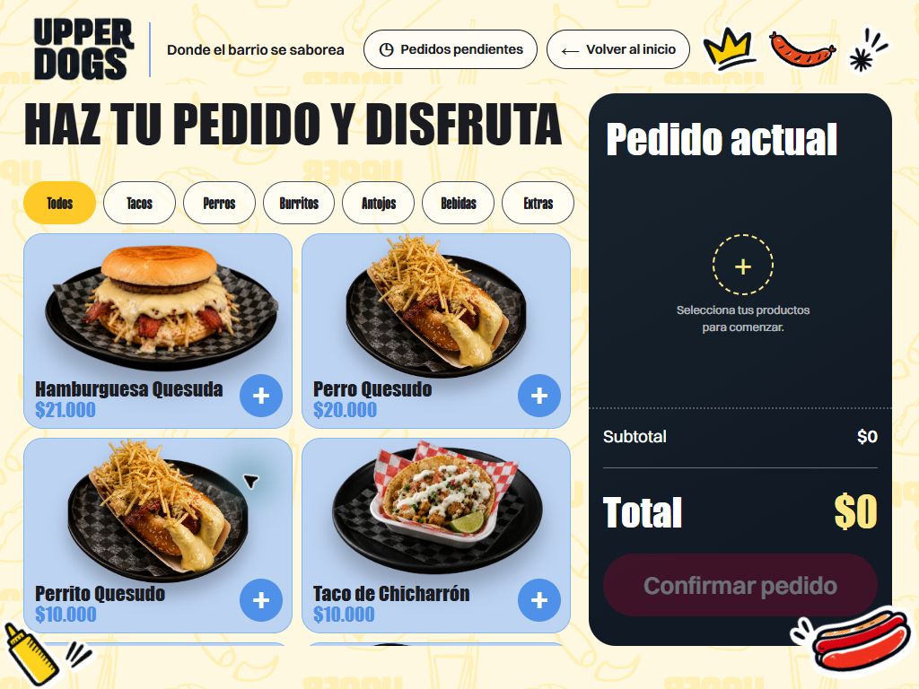 Catálogo visual de productos del punto de venta Upper Dogs