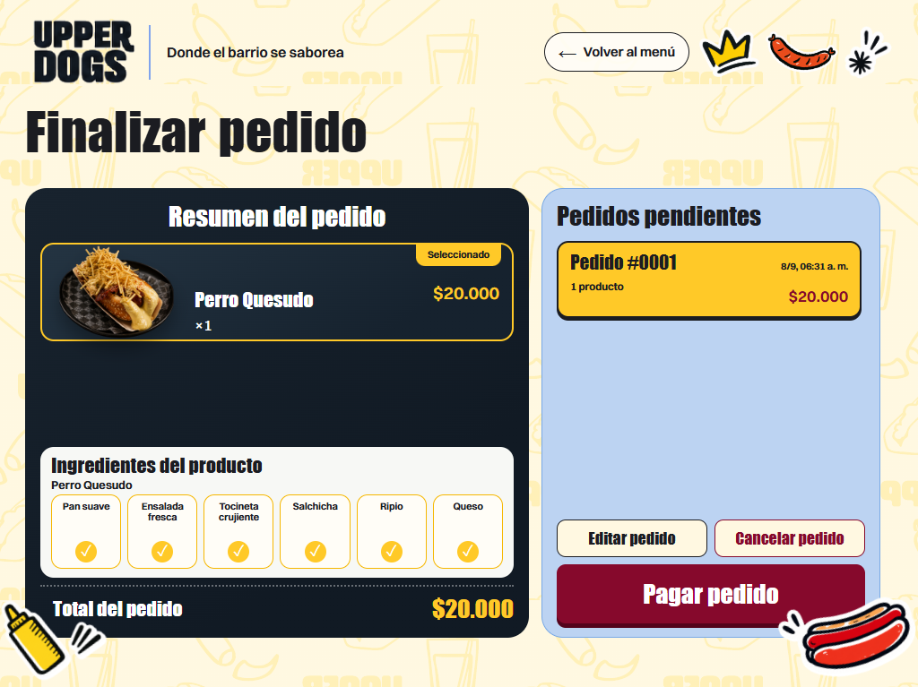 Pedido pendiente listo para editar o pagar en Upper Dogs POS